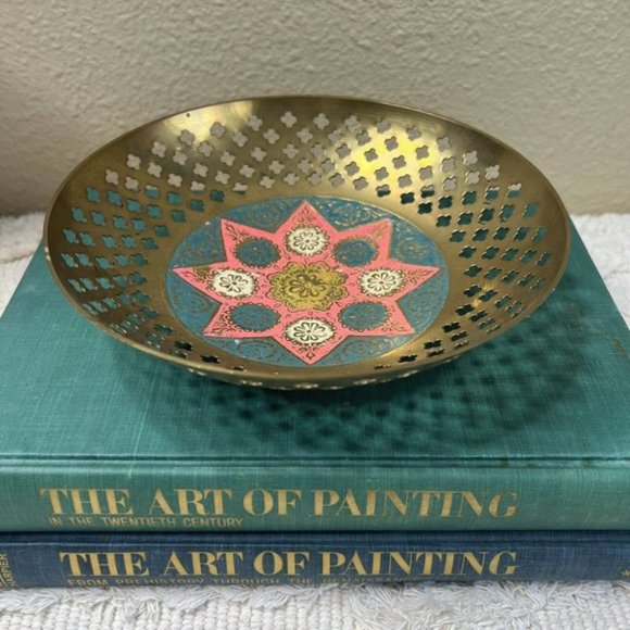 Vintage Cut Out Pierced Brass Bowl Enamel Boho Patina Distressed Made India - Picture 2 of 12